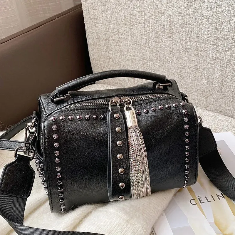 Women Punk Rivet Decorative Tassel Pendant Zipper Design Solid Color PU Handle Bag - Image 4