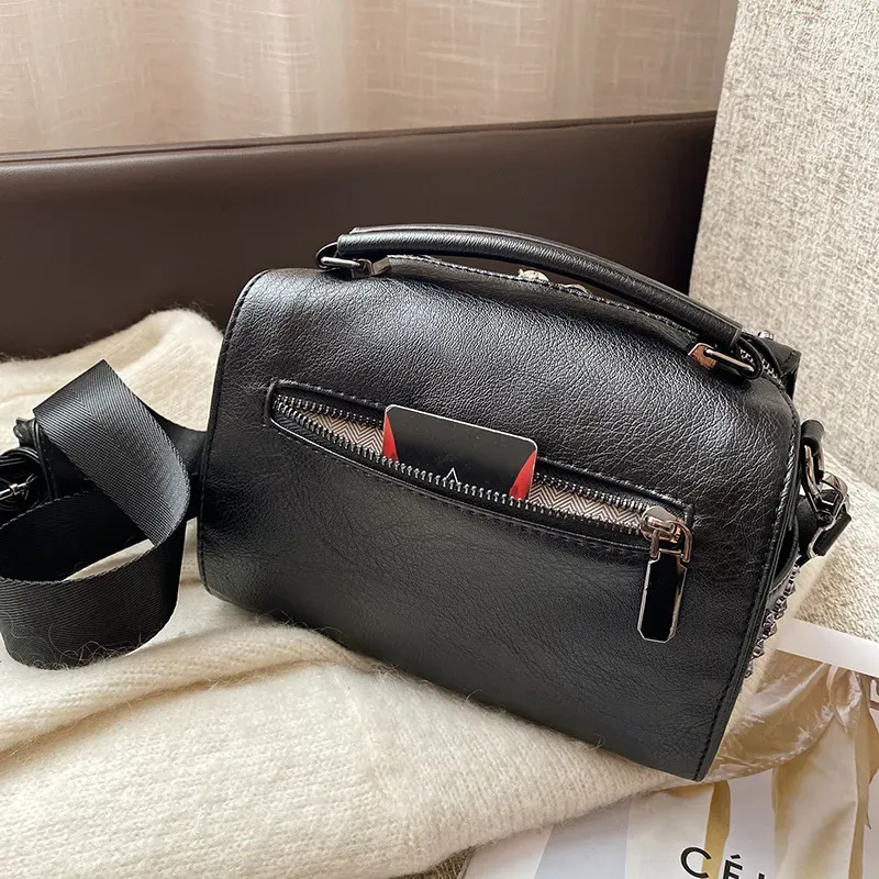 Women Punk Rivet Decorative Tassel Pendant Zipper Design Solid Color PU Handle Bag - Image 5