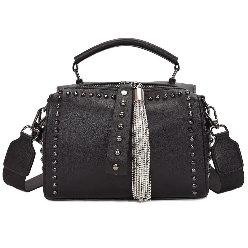 Women Punk Rivet Decorative Tassel Pendant Zipper Design Solid Color PU Handle Bag - Image 7