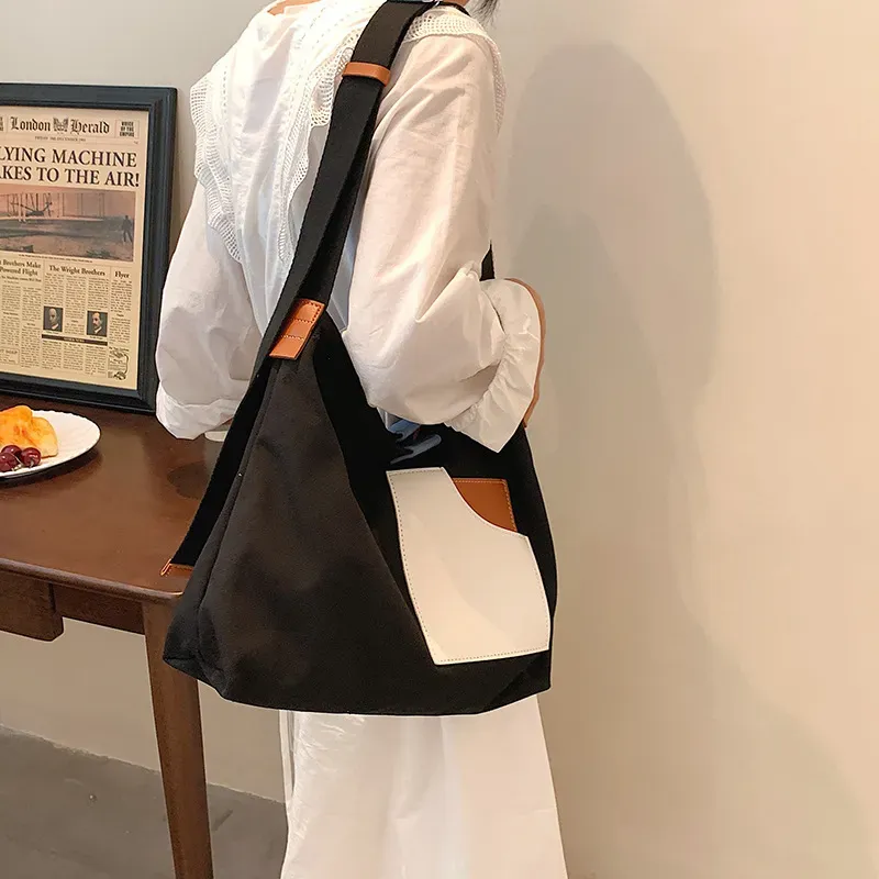 Women Fashion Unique Color Blocking Patchwork Design Large Capacity Canvas Tote Bag - Image 7