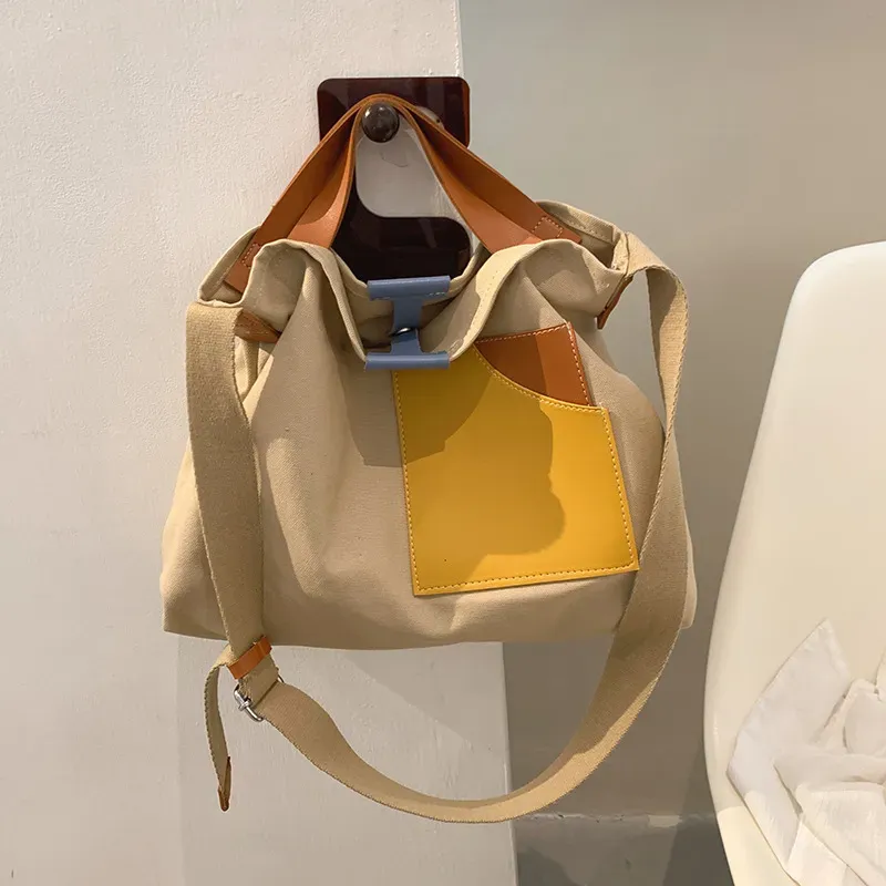Women Fashion Unique Color Blocking Patchwork Design Large Capacity Canvas Tote Bag - Image 8