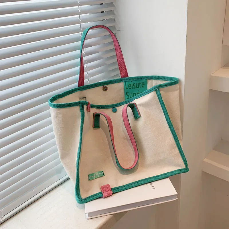 Women Fashion Basic Color Blocking Large Capacity Canvas Tote Bag