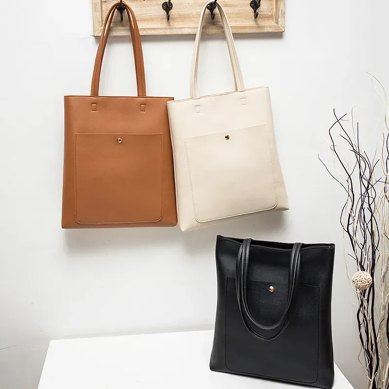Women Fashion Basic Magnetic Buckle Zipper Design Solid Color Large Capacity PU Tote Bag