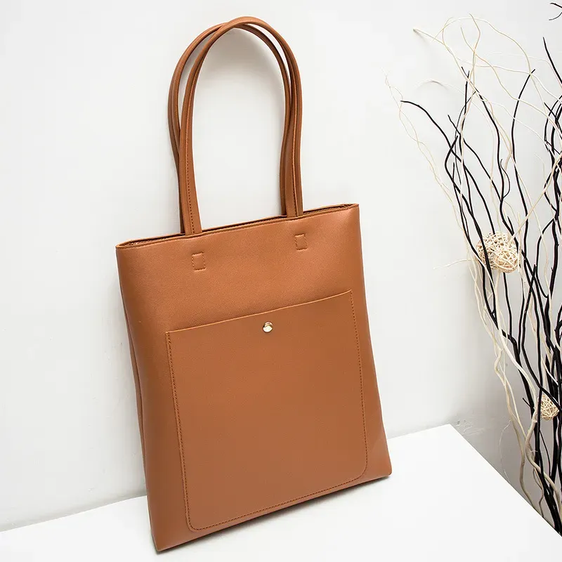 Women Fashion Basic Magnetic Buckle Zipper Design Solid Color Large Capacity PU Tote Bag - Image 3