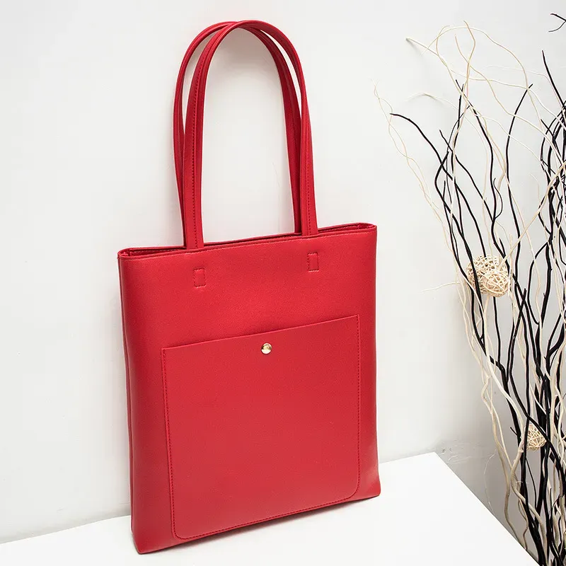 Women Fashion Basic Magnetic Buckle Zipper Design Solid Color Large Capacity PU Tote Bag - Image 4