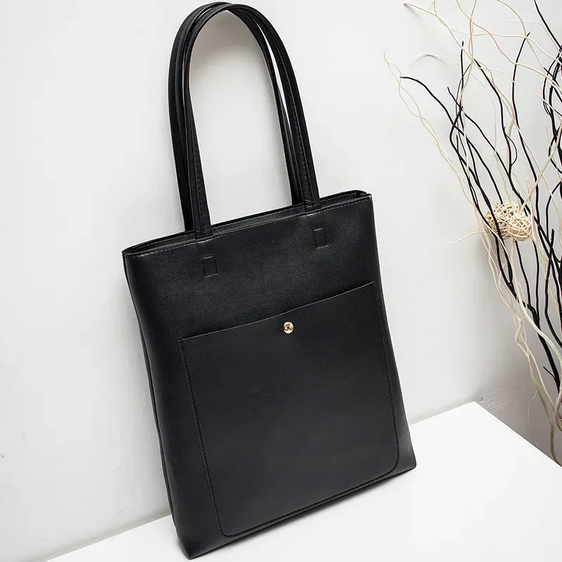 Women Fashion Basic Magnetic Buckle Zipper Design Solid Color Large Capacity PU Tote Bag - Image 8