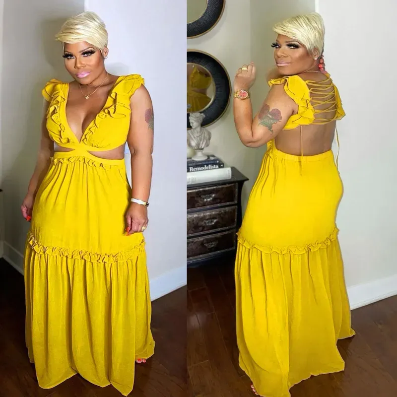 Women Fashion Plus Size Solid Color V-Neck Lace-Up Dress