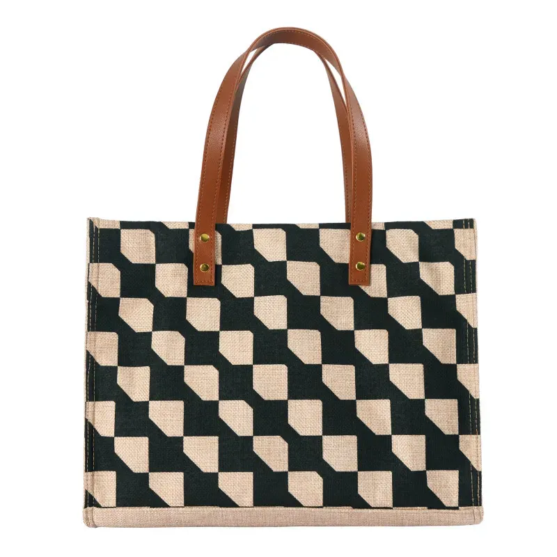 Women Casual Plaid Patchwork Design Large Capacity Cotton Linen Shoulder Bag - Image 3
