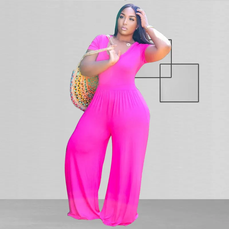 Women Elegant Basic Solid Color Short-sleeved Fashion Casual Plus Size Wide Leg Jumpsuits
