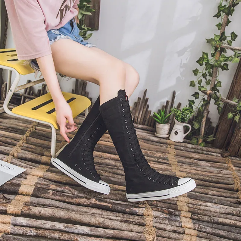 Women Casual Solid Color Lace Up Flat Canvas High Shoes