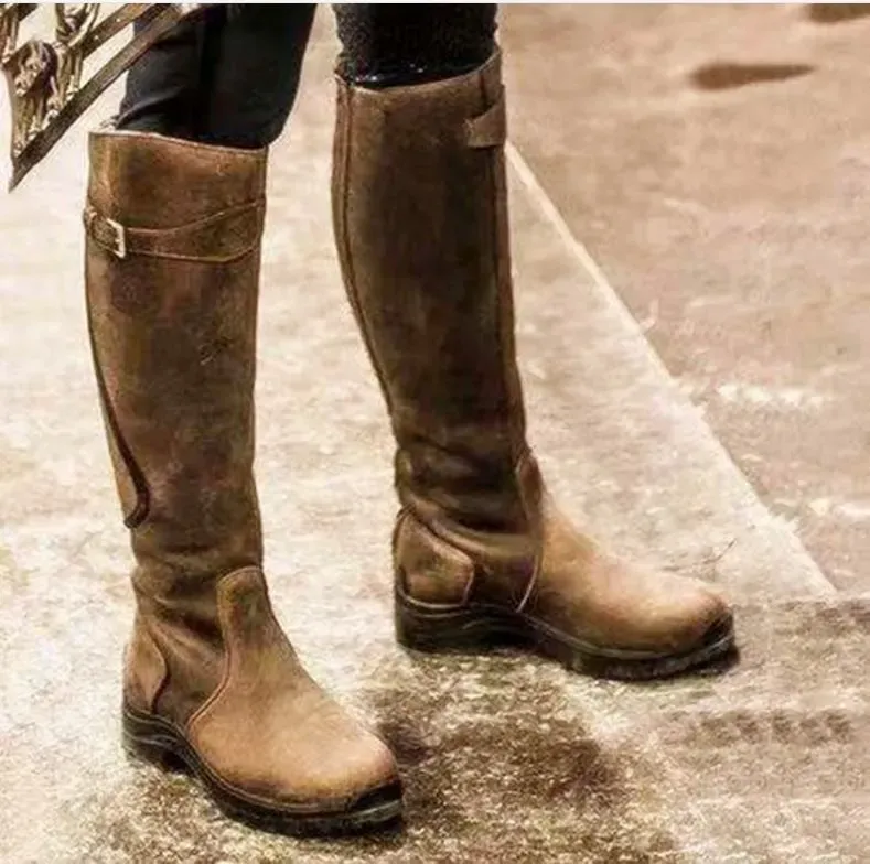 Women Fashion Round Toe Solid Color Pu Flat Side Zipper Knee High Boots Combat Boots - Image 4