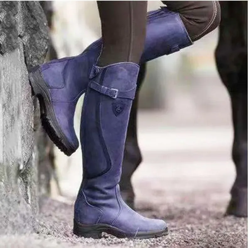 Women Fashion Round Toe Solid Color Pu Flat Side Zipper Knee High Boots Combat Boots - Image 7
