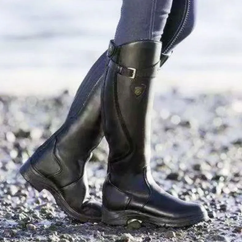 Women Fashion Round Toe Solid Color Pu Flat Side Zipper Knee High Boots Combat Boots - Image 11
