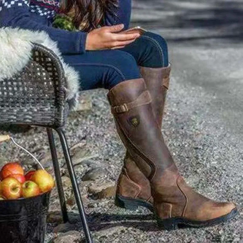 Women Fashion Round Toe Solid Color Pu Flat Side Zipper Knee High Boots Combat Boots - Image 13