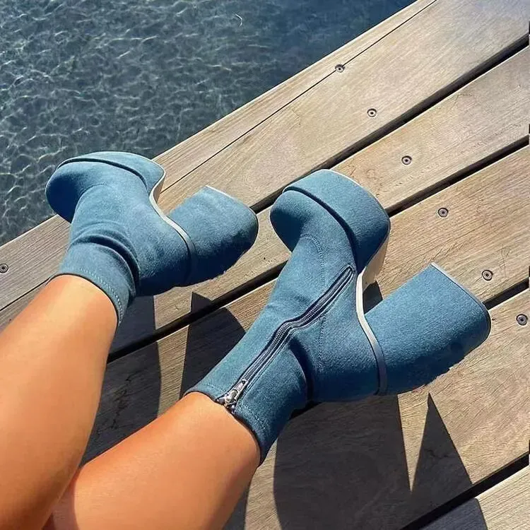 Women Fashio Denim Chunky Heel Side Zipper Mid-Calf Boots Shoes