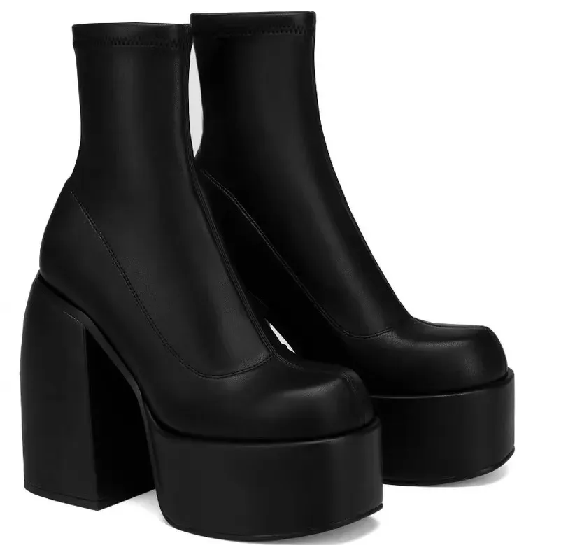 Women Fashio Denim Chunky Heel Side Zipper Mid-Calf Boots Shoes - Image 4