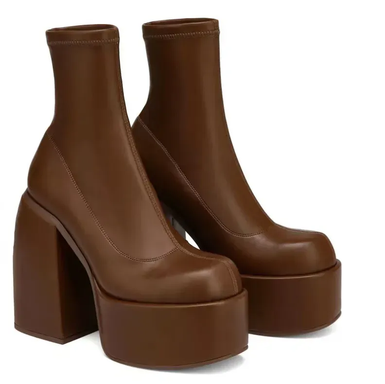 Women Fashio Denim Chunky Heel Side Zipper Mid-Calf Boots Shoes - Image 7