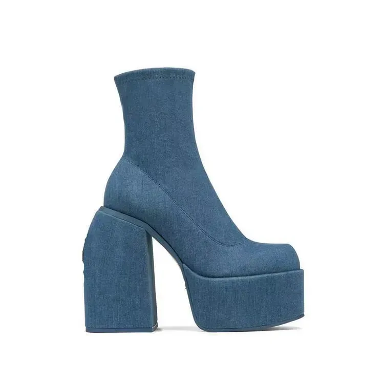 Women Fashio Denim Chunky Heel Side Zipper Mid-Calf Boots Shoes - Image 11