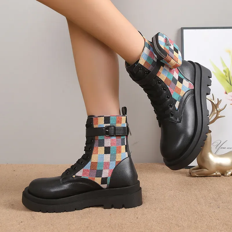 Women Fashion Lace Up Round Toe Platform Short Boots - Image 3