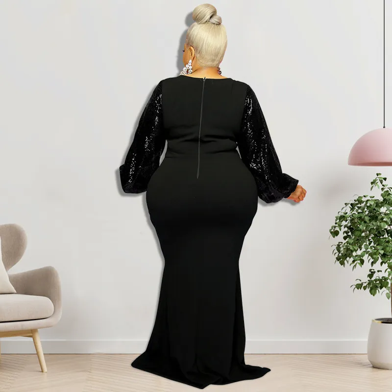 Large Size Women Elegant Winter Sequin Long Sleeve Solid Maxi Tight Dress - Image 4