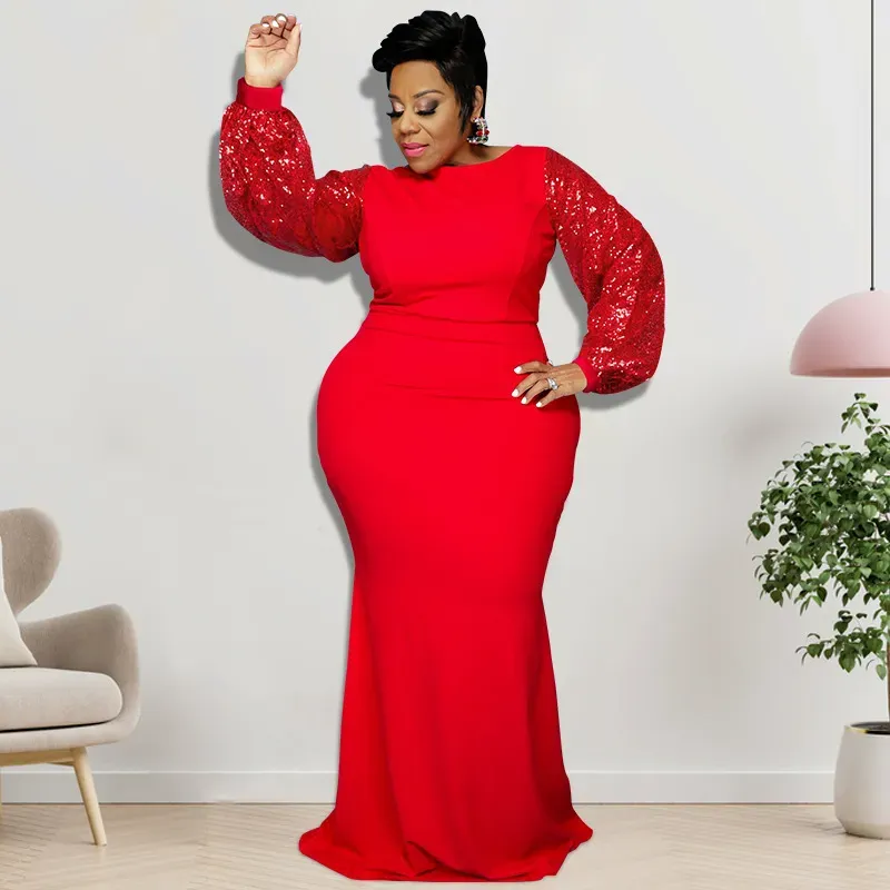 Large Size Women Elegant Winter Sequin Long Sleeve Solid Maxi Tight Dress - Image 7