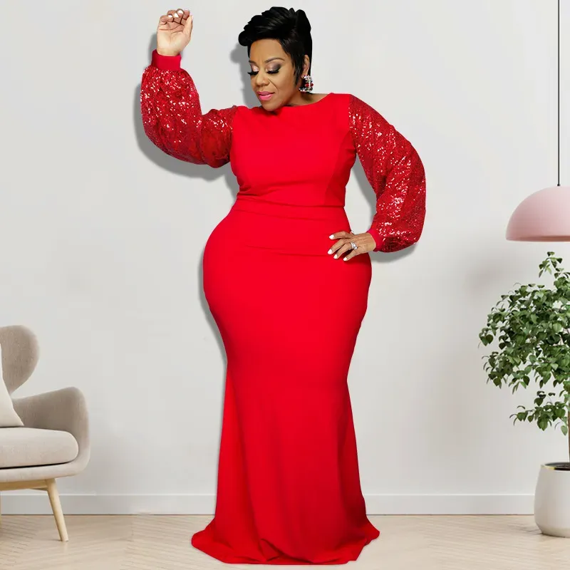 Large Size Women Elegant Winter Sequin Long Sleeve Solid Maxi Tight Dress - Image 9