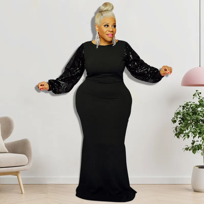 Large Size Women Elegant Winter Sequin Long Sleeve Solid Maxi Tight Dress - Image 10