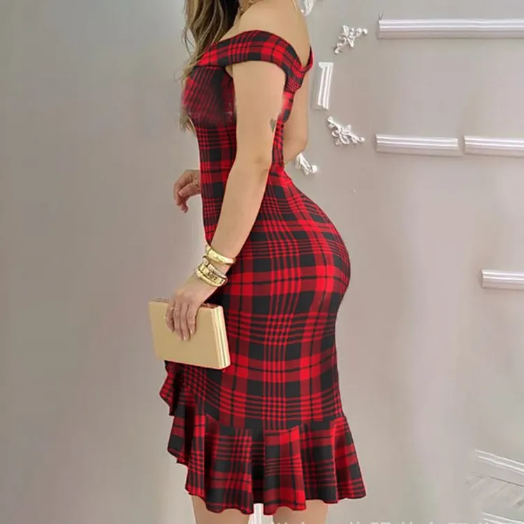 Elegant Women Off-Shoulder Ruffled Split Solid Color Party Dress - Image 9