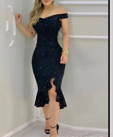 Elegant Women Off-Shoulder Ruffled Split Solid Color Party Dress - Image 11