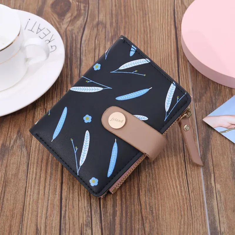 Women'S Fashion Leaf Floral Pattern Buckle Zipper Wallet