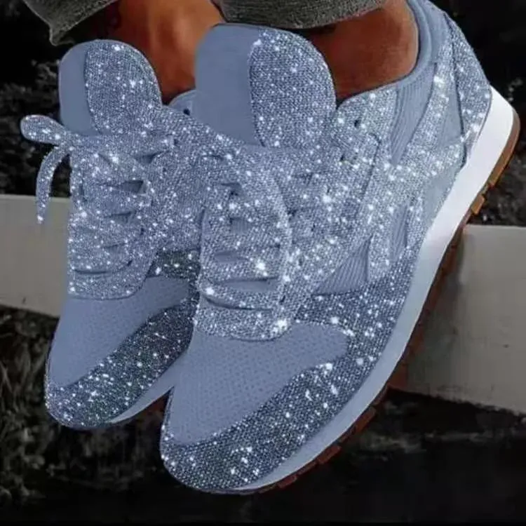 Women Fashion Round Toe Platform Sequins Rhinestone Platform Sneakers - Image 4