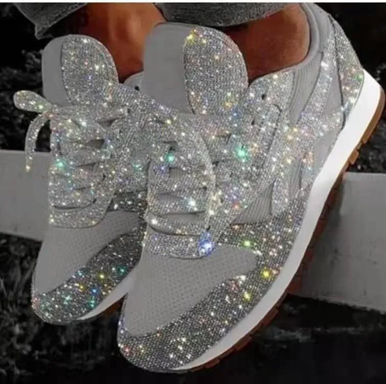 Women Fashion Round Toe Platform Sequins Rhinestone Platform Sneakers - Image 10