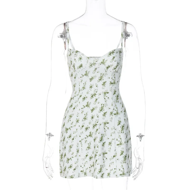 Summer Vacation Tiny Flower Print Sweet Women Spaghetti Strap Dress - Image 6