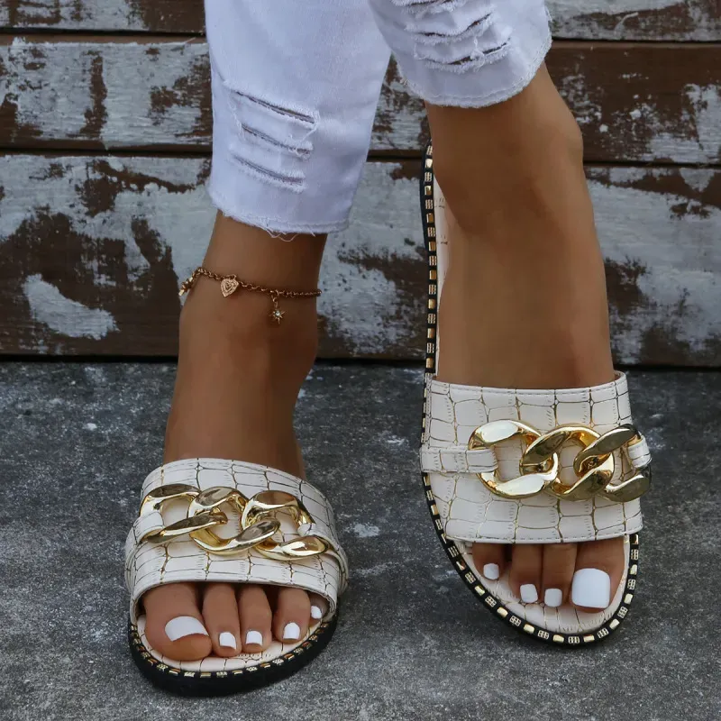 Women Fashion Casual Vacation Flat Metal Chain Slippers Plus Size