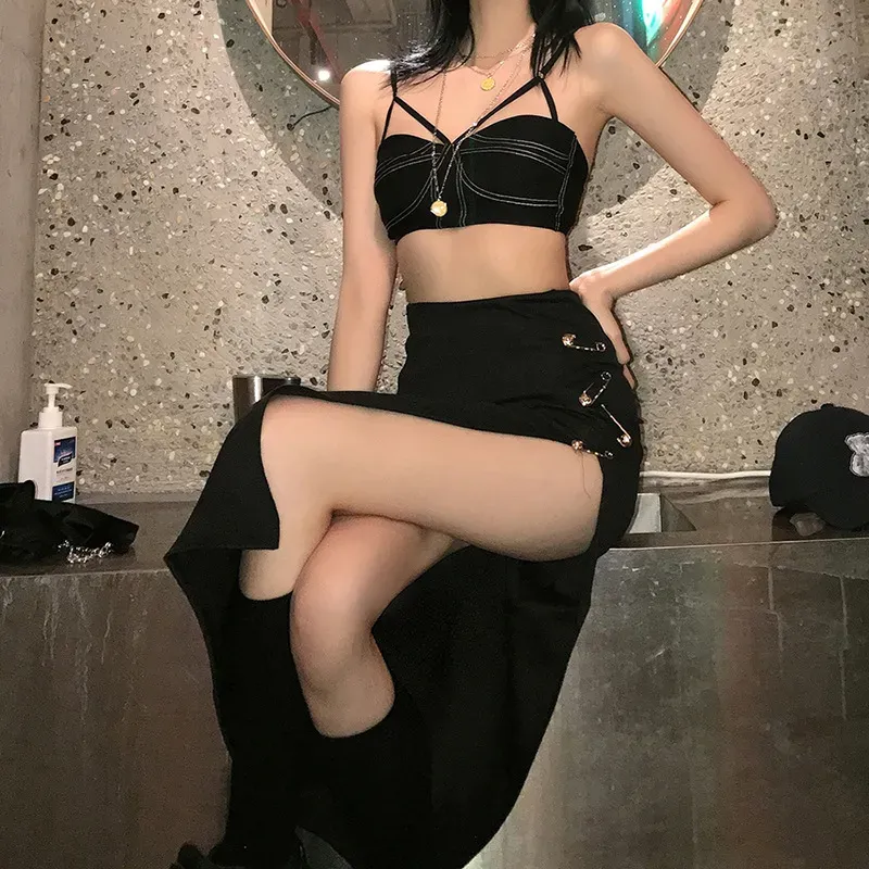 Summer Women Solid Color Gothic Punk High Waist Slim Fashion Slit Skirt - Image 3