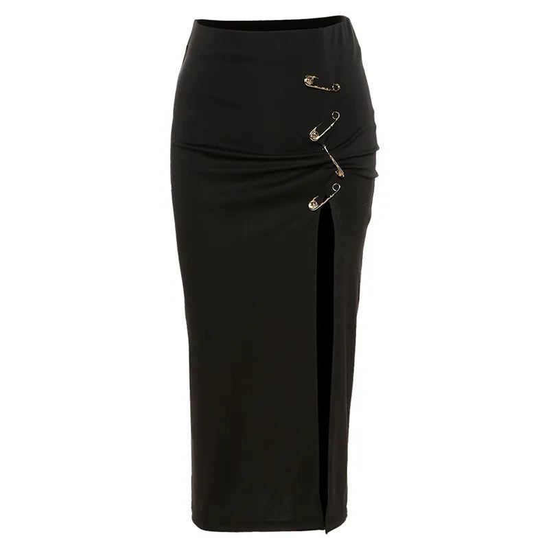 Summer Women Solid Color Gothic Punk High Waist Slim Fashion Slit Skirt - Image 4