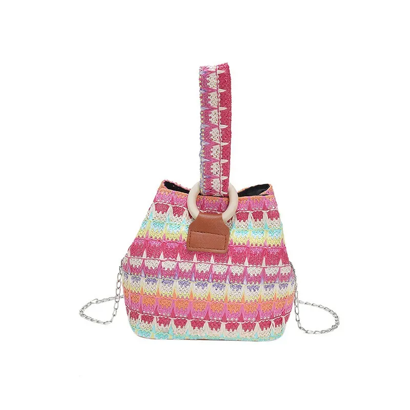 Women Fashion Retro Multicolor Straw Bucket Bag - Image 5