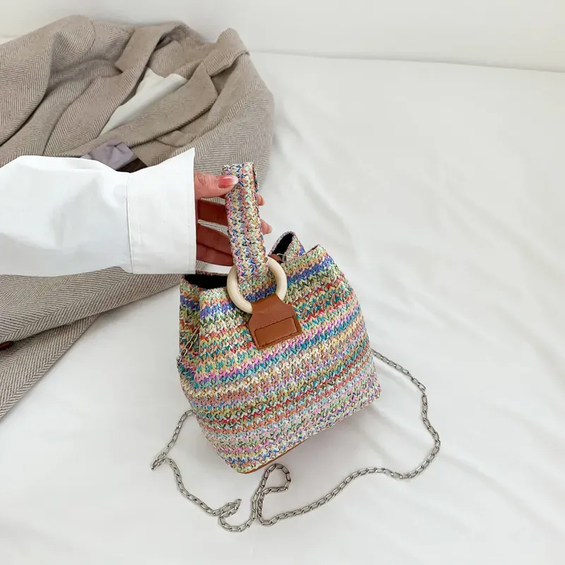 Women Fashion Retro Multicolor Straw Bucket Bag - Image 11