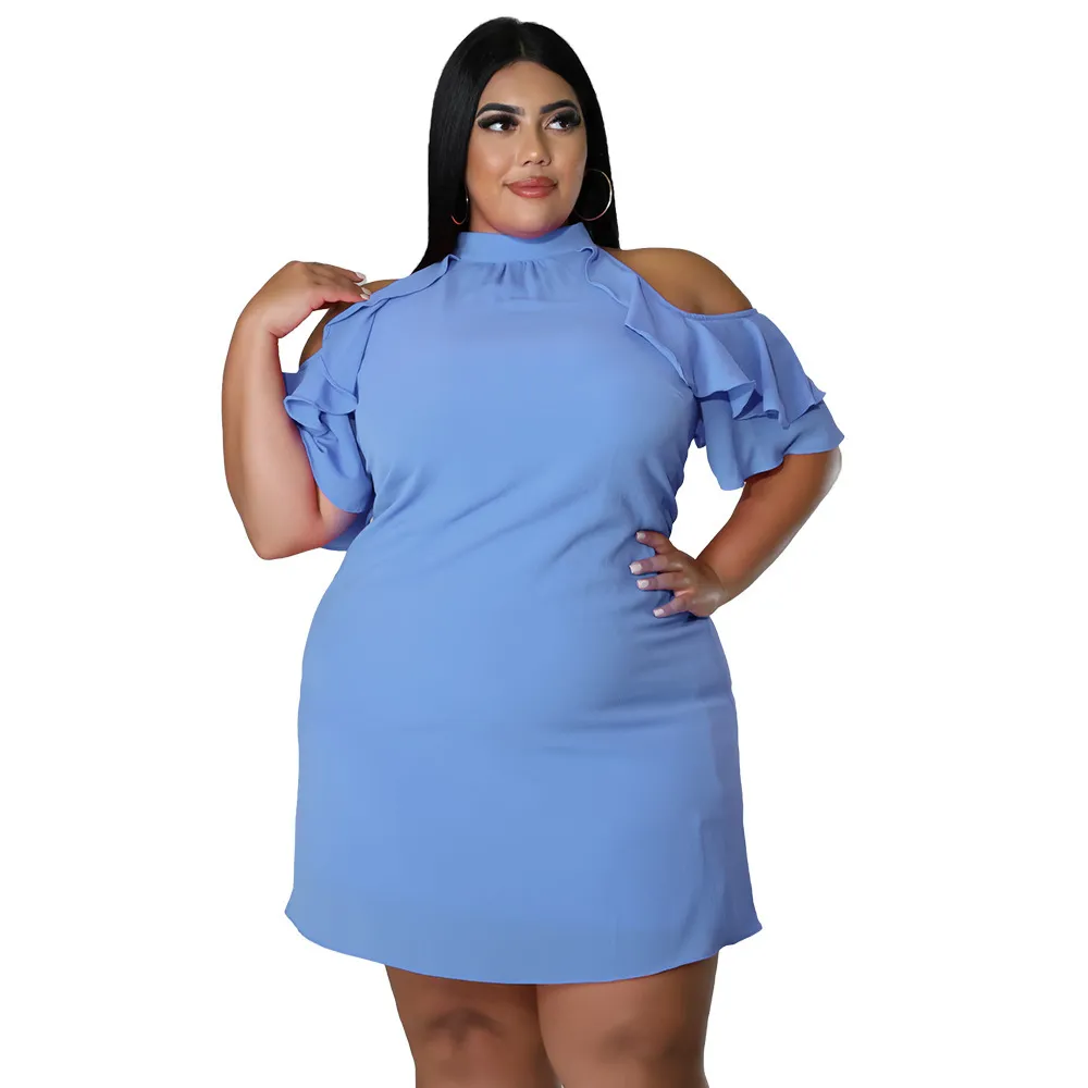 Women Fashion Sexy Solid Color Ruffled Cool-Shoulder Plus Size Dress - Image 3