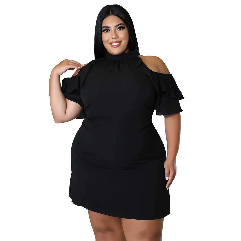Women Fashion Sexy Solid Color Ruffled Cool-Shoulder Plus Size Dress - Image 4