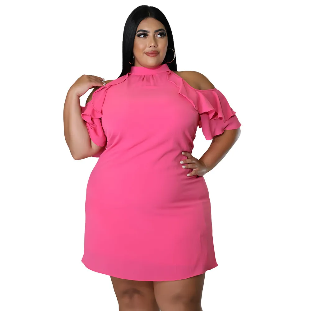 Women Fashion Sexy Solid Color Ruffled Cool-Shoulder Plus Size Dress - Image 5