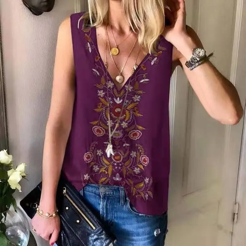 Vintage Boho Women Floral Pattern V Neck Chiffon Tank Top - Image 6
