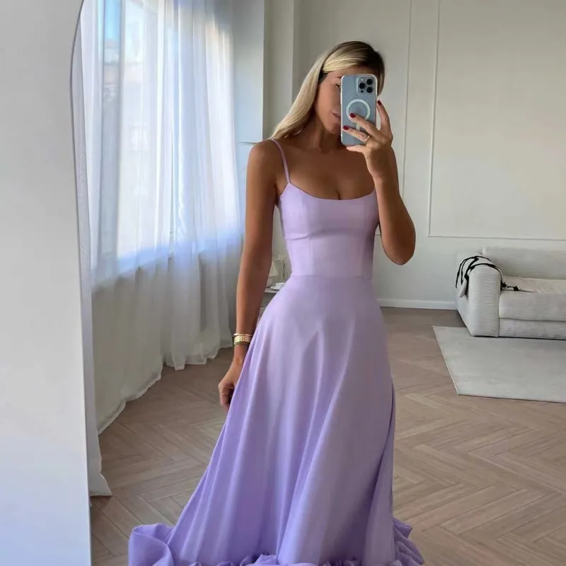 Women Fashion Solid Color Sling Flounce Dress - Image 3