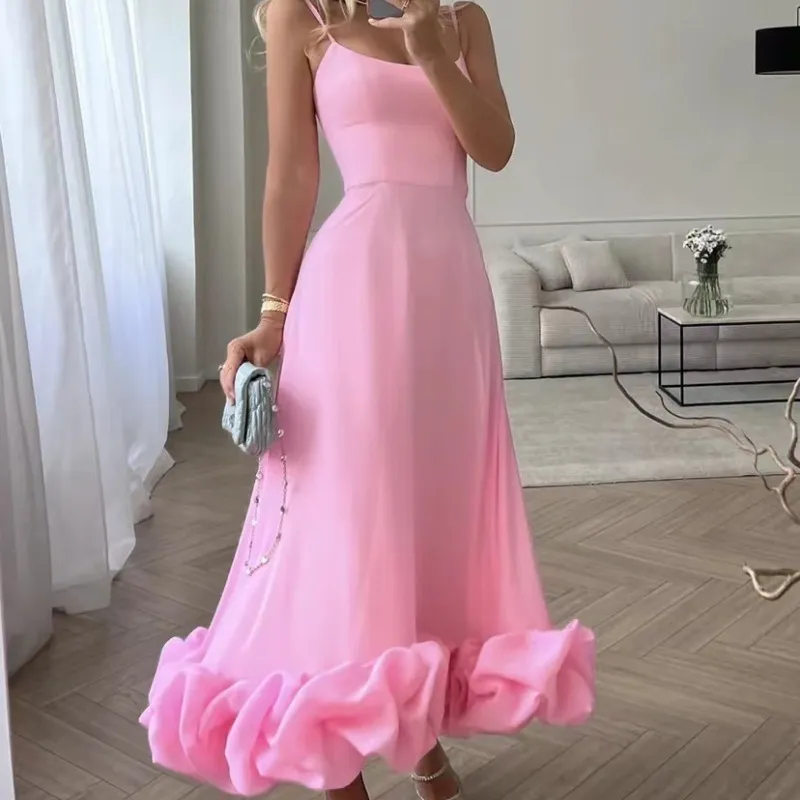 Women Fashion Solid Color Sling Flounce Dress - Image 6