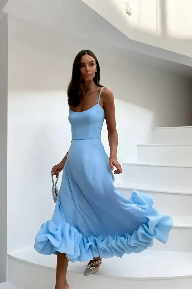 Women Fashion Solid Color Sling Flounce Dress - Image 14