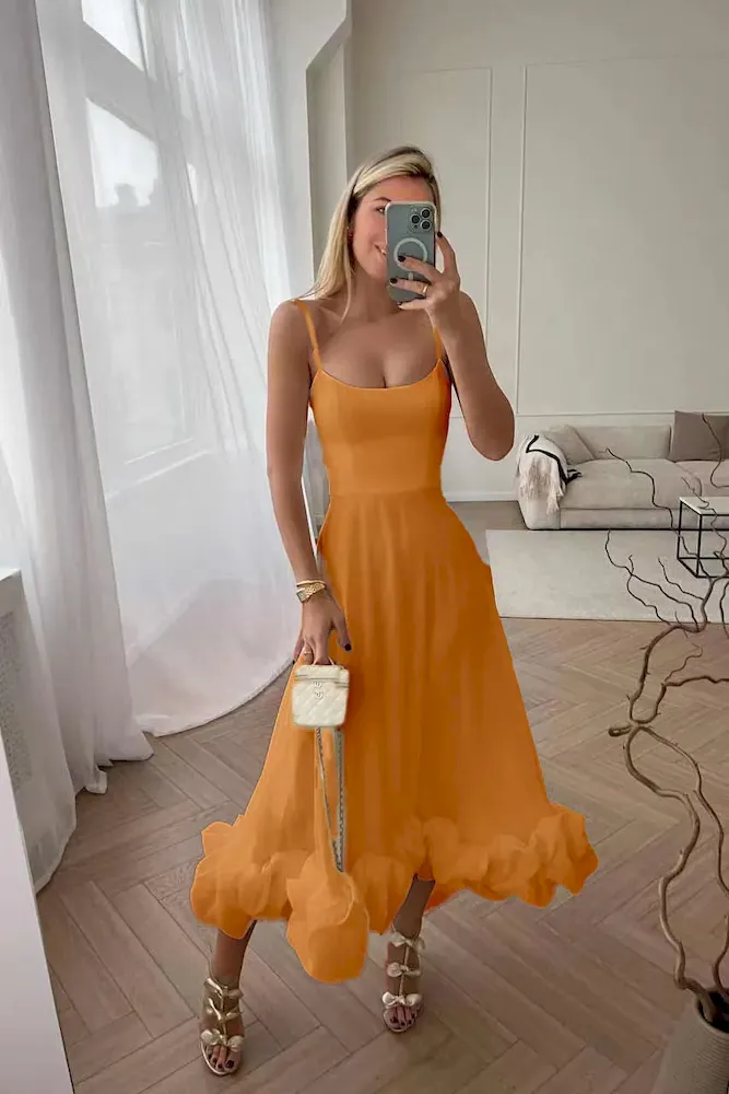 Women Fashion Solid Color Sling Flounce Dress - Image 18