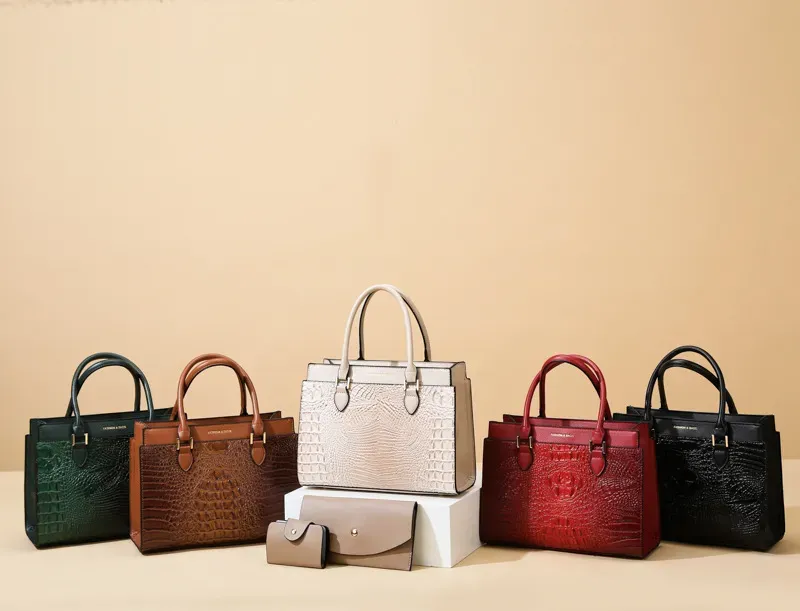 Women Fashion Retro Large Capacity Crocodile Pattern Handbag Purse Set - Image 4