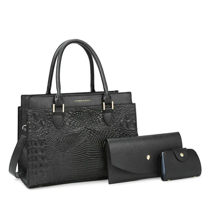 Women Fashion Retro Large Capacity Crocodile Pattern Handbag Purse Set - Image 6