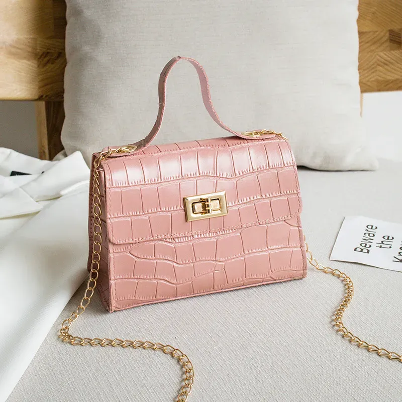 Women Fashion Crocodile Pattern Flap Lock Square Chain Crossbody Bag