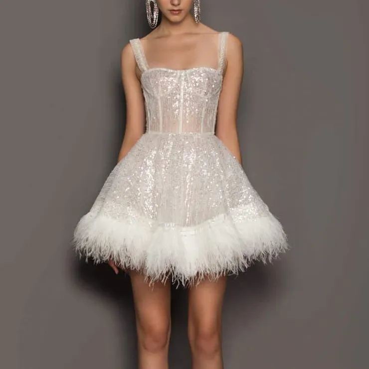 Women Elegant Party Sequined Feather Evening Gown - Image 3